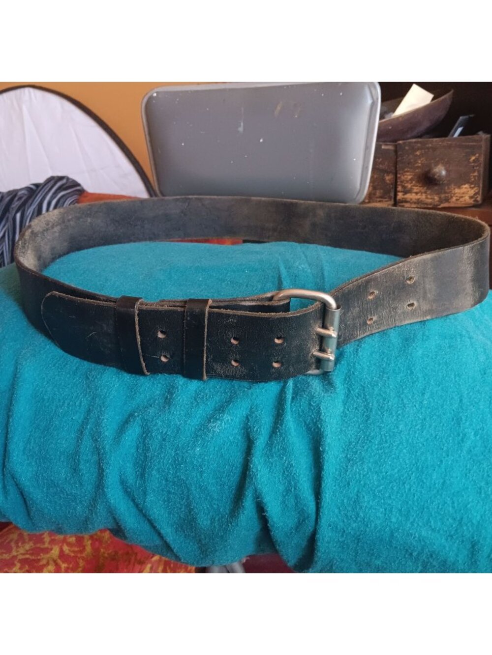 Vintage 44 46 Leather Work Belt With Roller Buckle Double Punch Strap Biker
